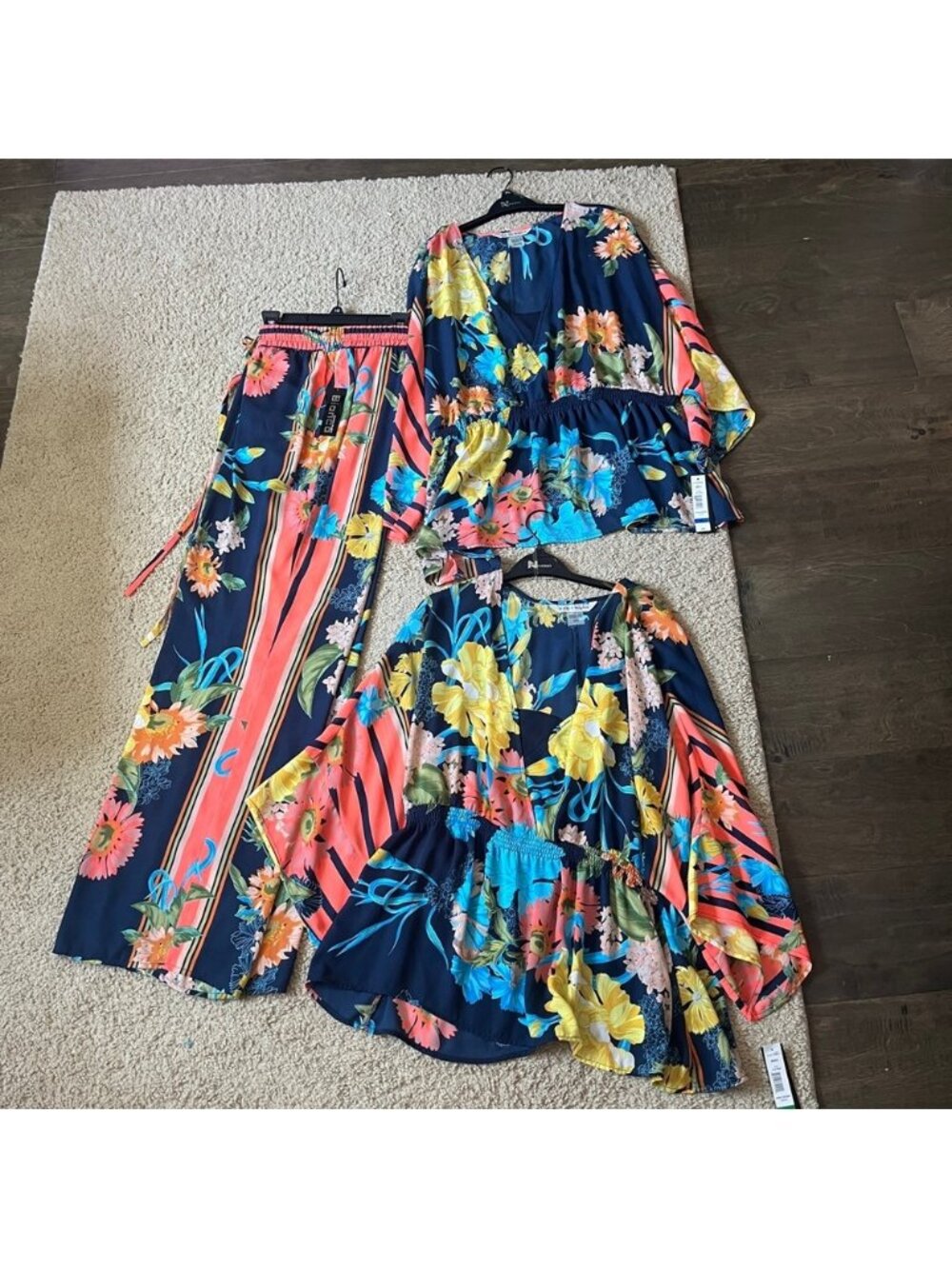 NWT Bianca Nygard Blouse and Pant 2pc Set Spring Floral Fun Missy L XL 16 Navy